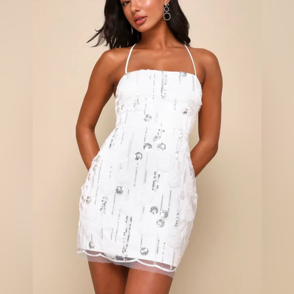 NWT Lulu's White and Silver Sequin Mini Dress Bridal Size Size Small Beaded